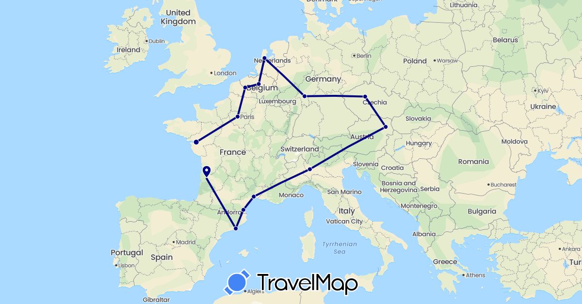 TravelMap itinerary: driving in Austria, Belgium, Czech Republic, Germany, Spain, France, Italy, Netherlands (Europe)